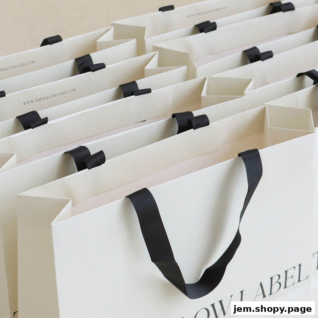 A collection of elegant cream-colored shopping bags with black ribbon handles and branding.