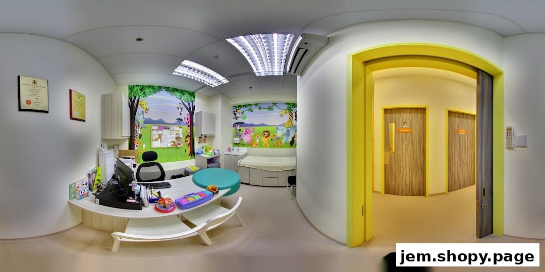 Interior of a pediatric clinic with colorful animal murals and a reception desk.