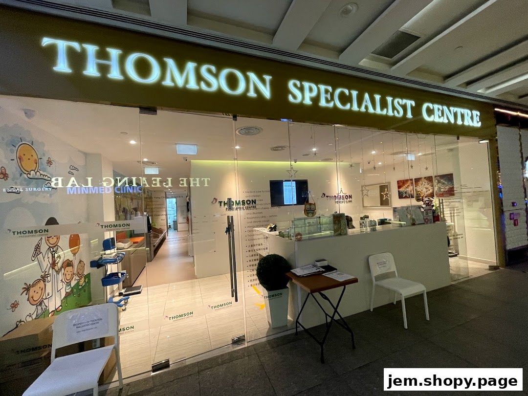 The exterior of Thomson Specialist Centre, a pediatric clinic with a welcoming entrance.
