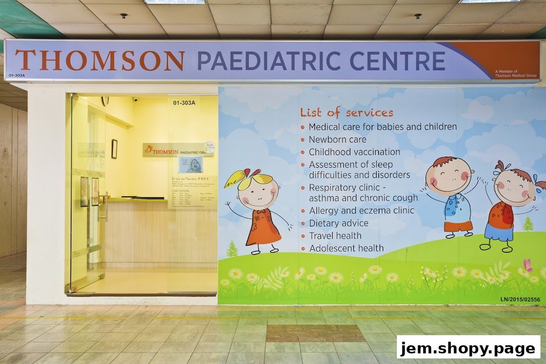 Exterior of Thomson Paediatric Centre with a list of services and cartoon children.