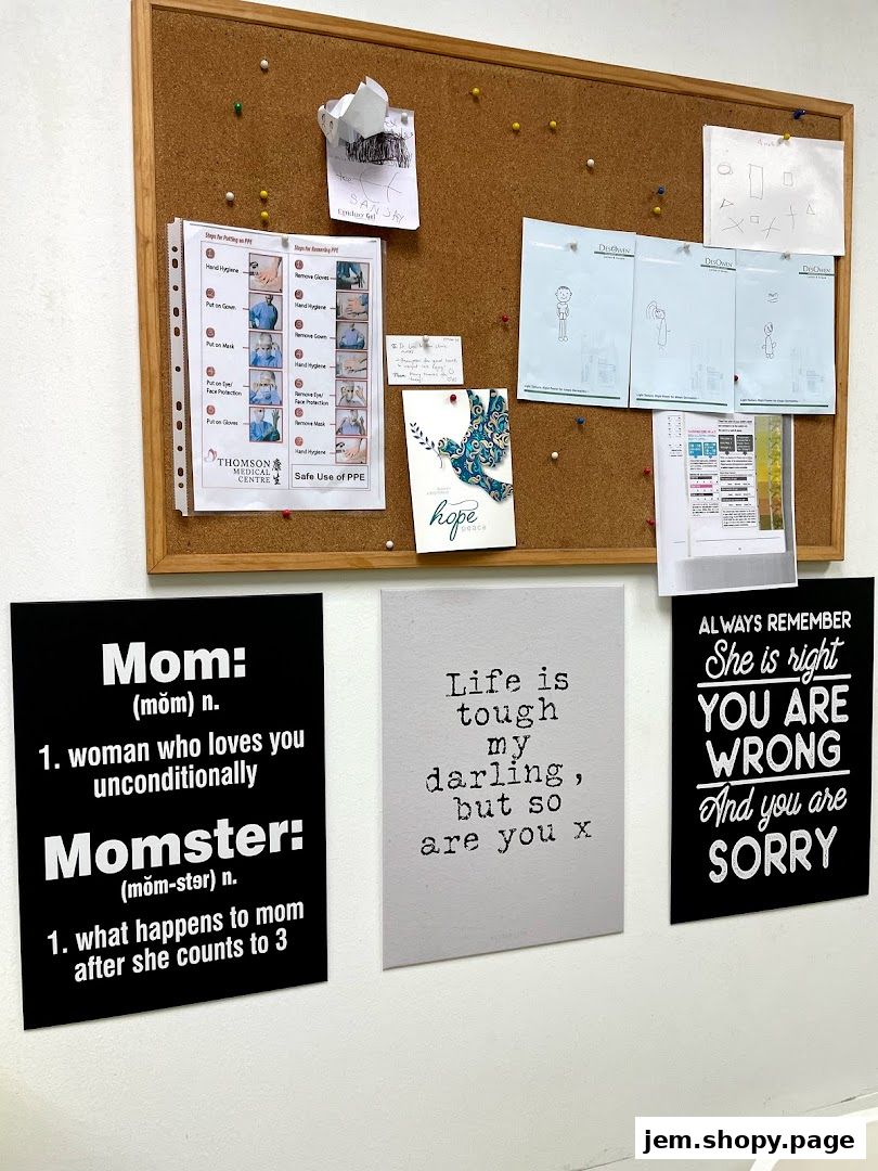 A corkboard with various notices, including PPE instructions and humorous quotes.