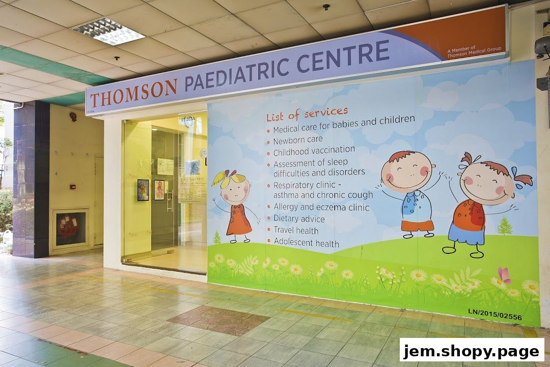 Thomson Paediatric Centre shop front with a list of services and cartoon children.