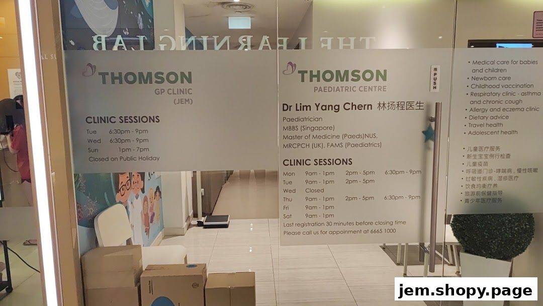 Entrance to Thomson Paediatric Centre with clinic hours and services listed.