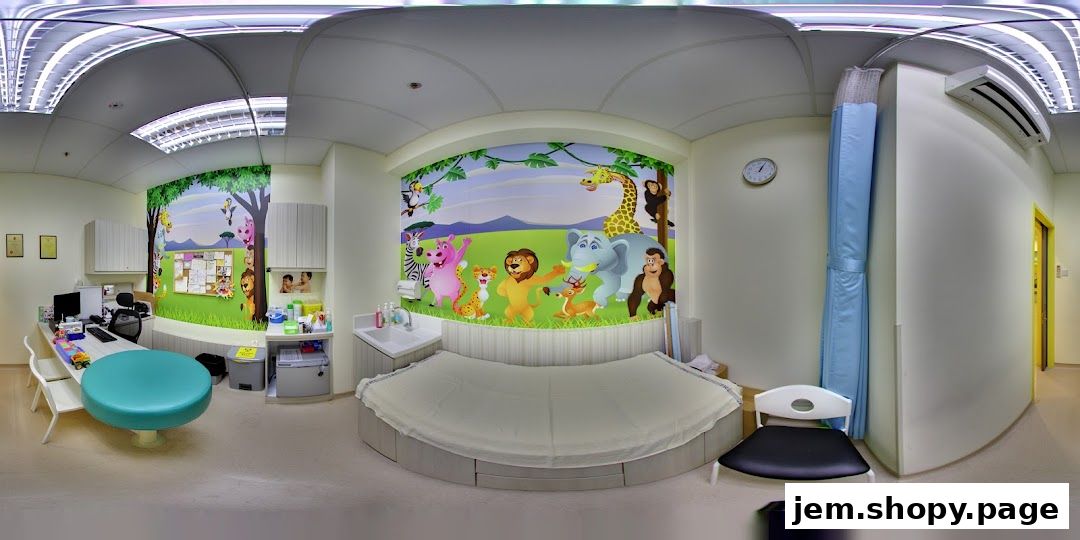 A brightly decorated pediatric clinic examination room with cartoon animals and a patient bed.
