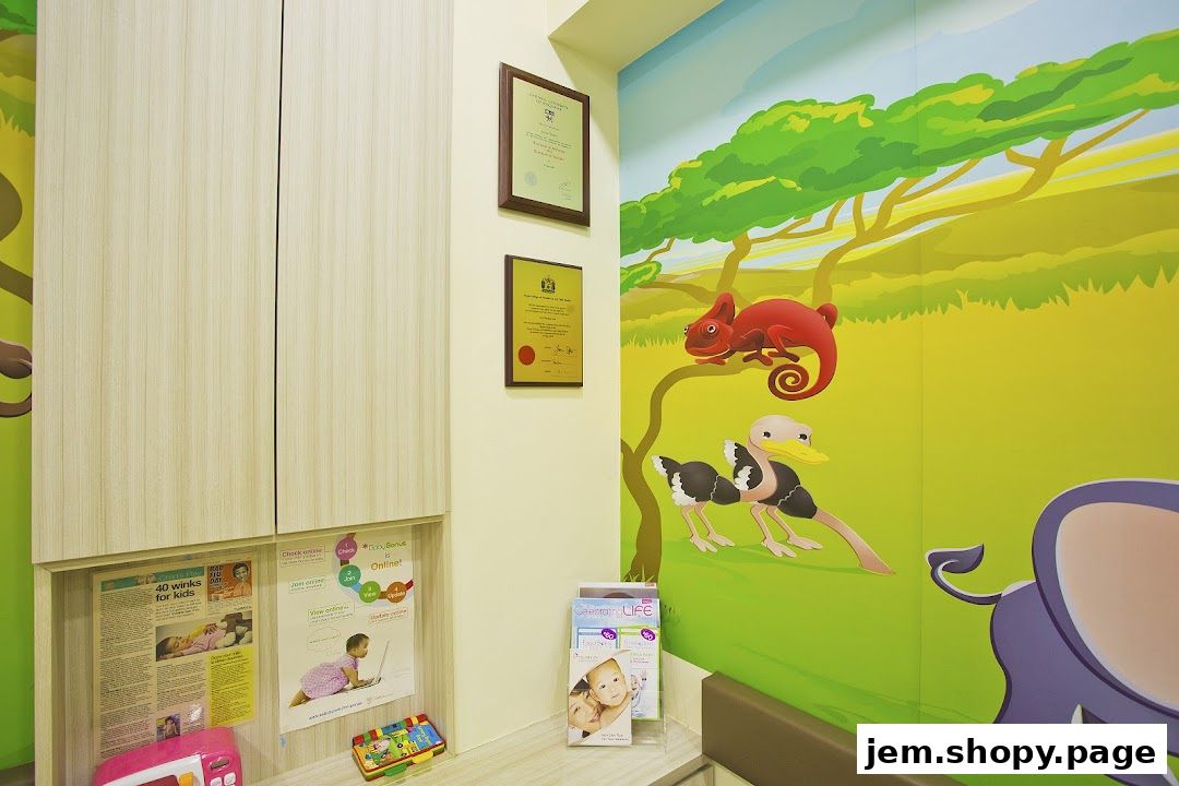 A brightly decorated pediatric clinic waiting area with animal murals and children's reading materials.