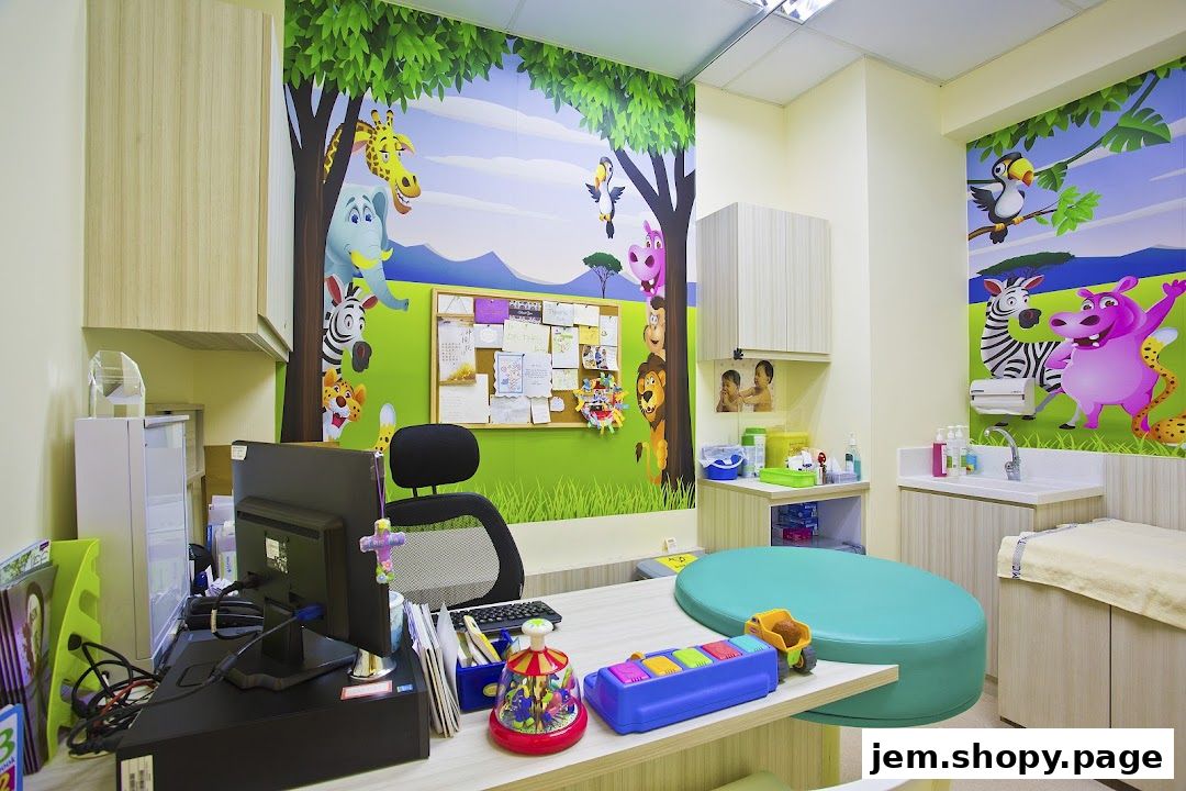 A brightly decorated pediatric clinic room with cartoon animals and a child-friendly examination area.