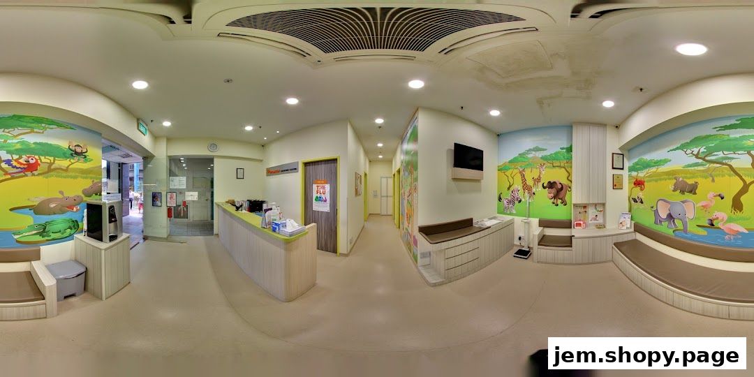 Interior of a brightly decorated pediatric clinic with animal murals and a reception area.