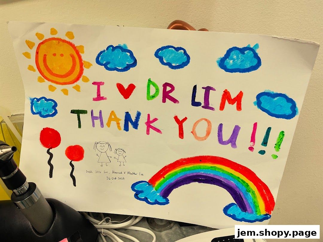 A child's drawing expressing gratitude to Dr. Lim with a rainbow and sun.