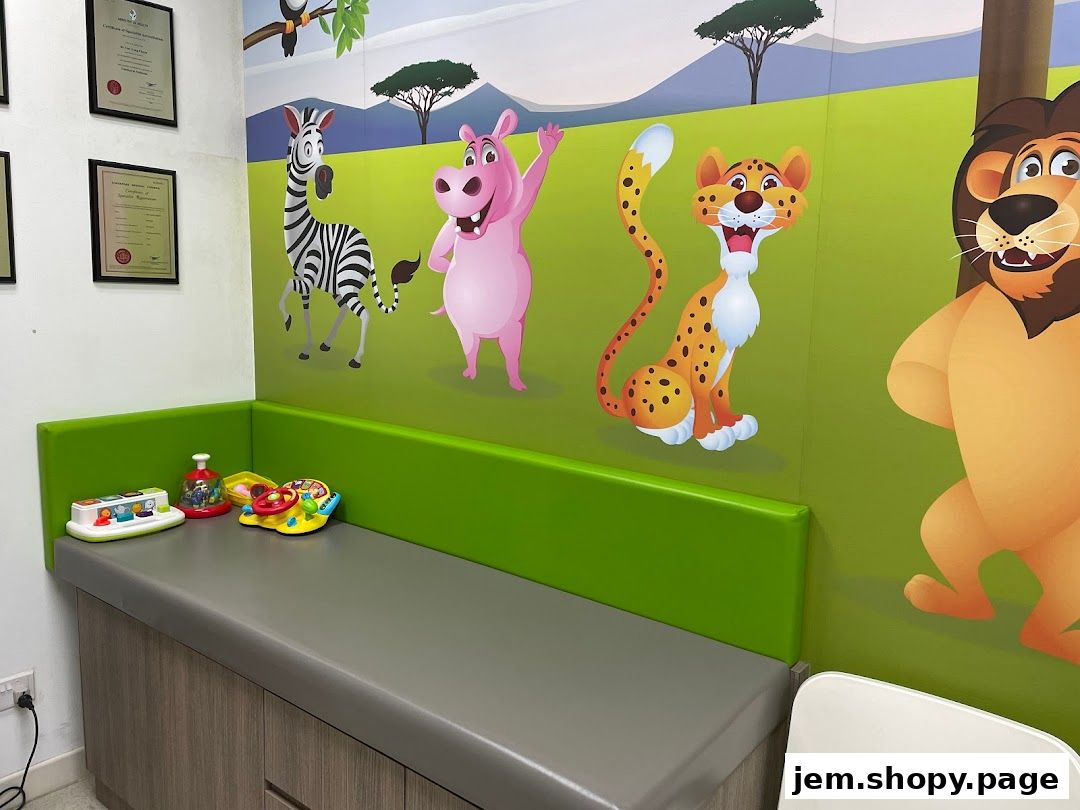 A child-friendly waiting area with cartoon animals on the wall and toys.