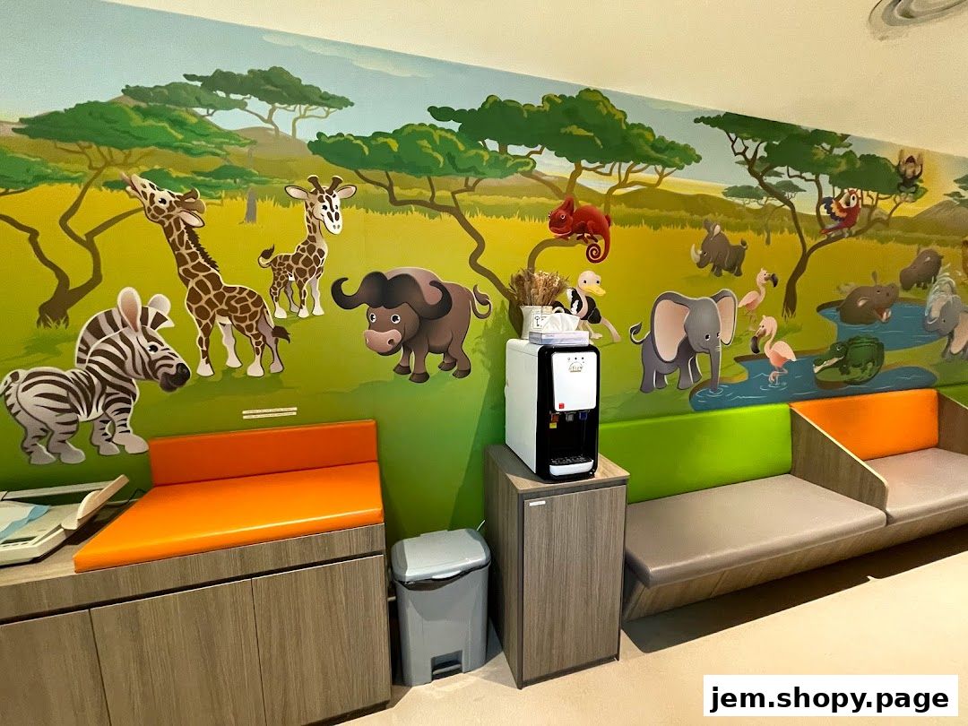 A brightly decorated pediatric clinic waiting area with a safari-themed mural and seating.