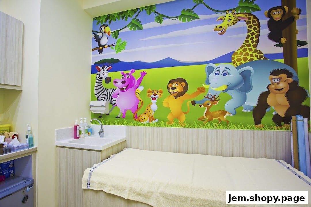 A pediatric examination room with a colorful jungle animal mural and a covered examination bed.
