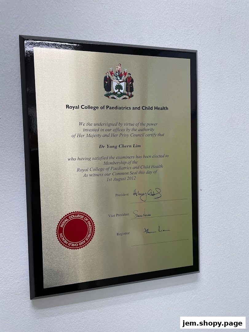 A framed certificate from the Royal College of Paediatrics and Child Health for Dr. Yang Chern Lim.