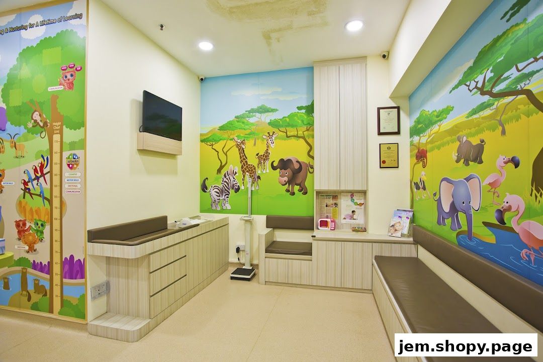 A brightly decorated pediatric clinic waiting area with animal murals and child-friendly seating.