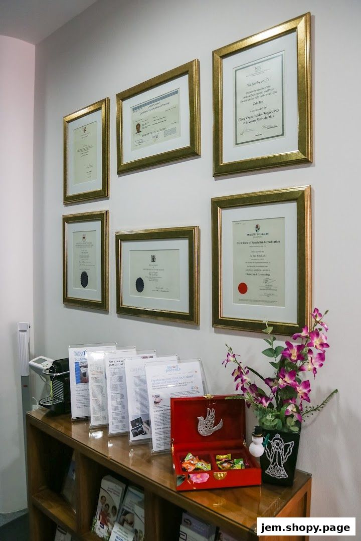 Framed certificates and brochures displayed on a shelf with decorative items.