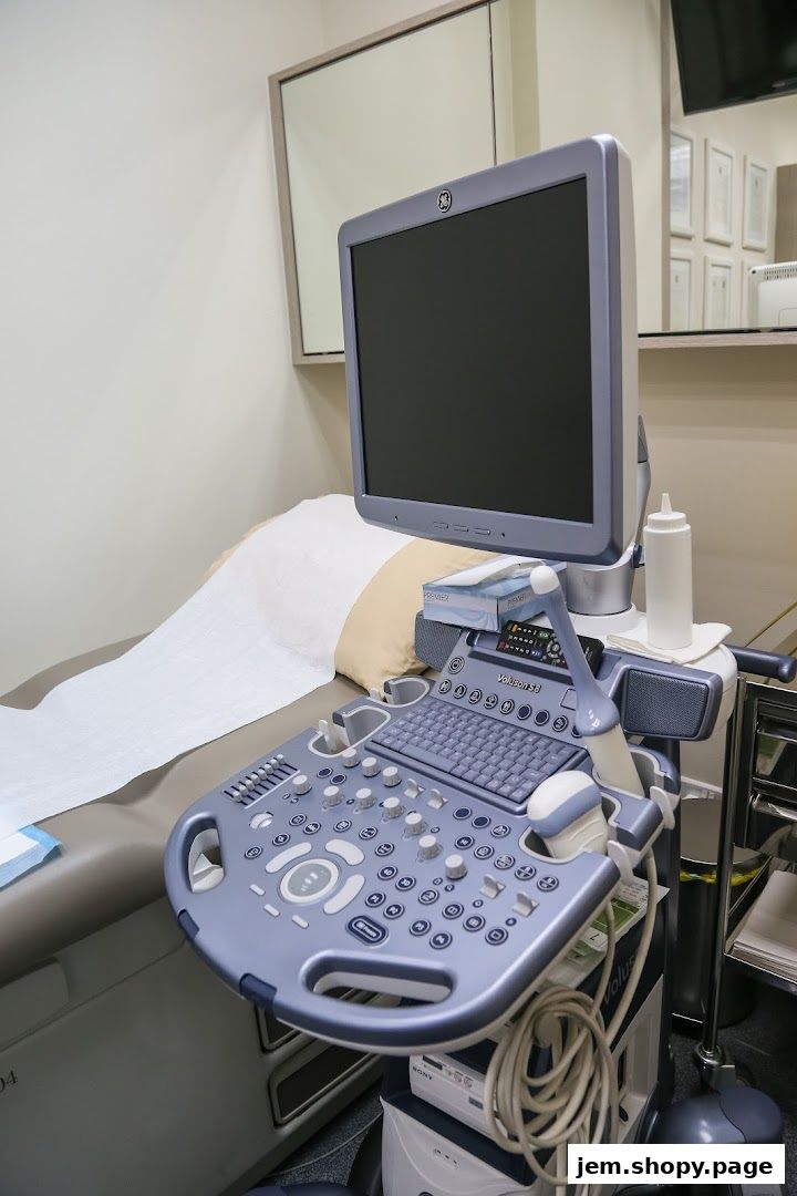 An ultrasound machine and examination bed in a medical clinic room.