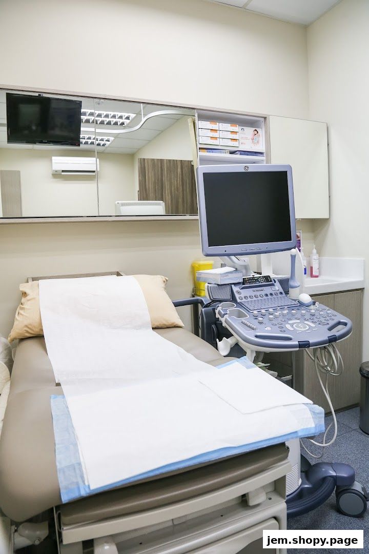 An examination room with a medical bed, ultrasound machine, and medical supplies.