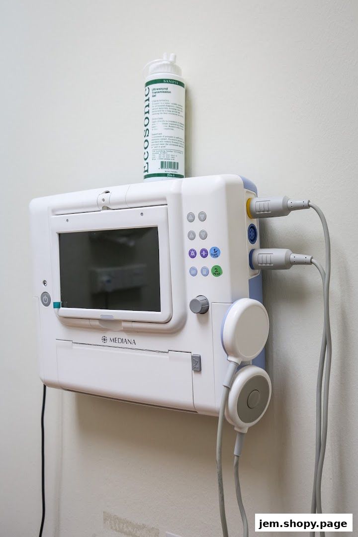 A medical ultrasound machine with transmission gel on top, mounted on a wall.