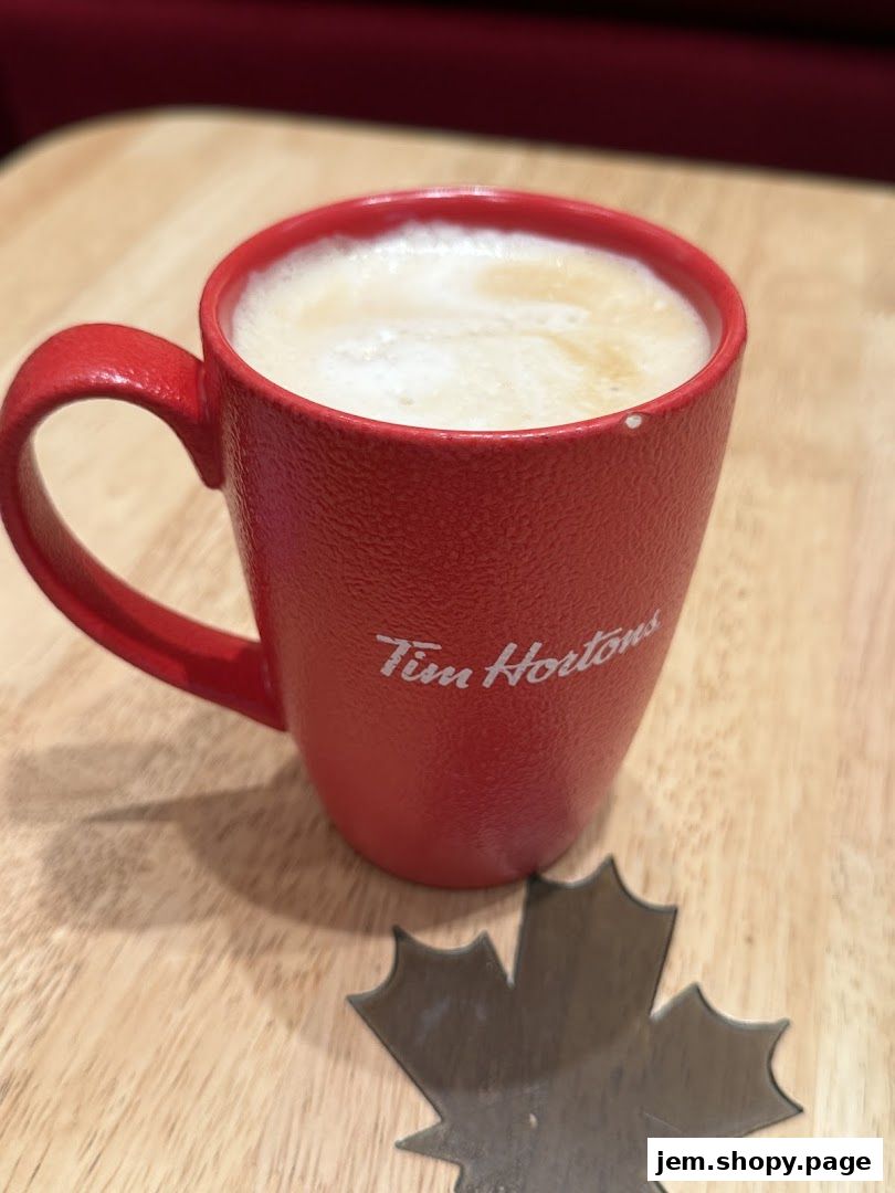 A red Tim Hortons mug filled with a frothy beverage sits on a wooden table.