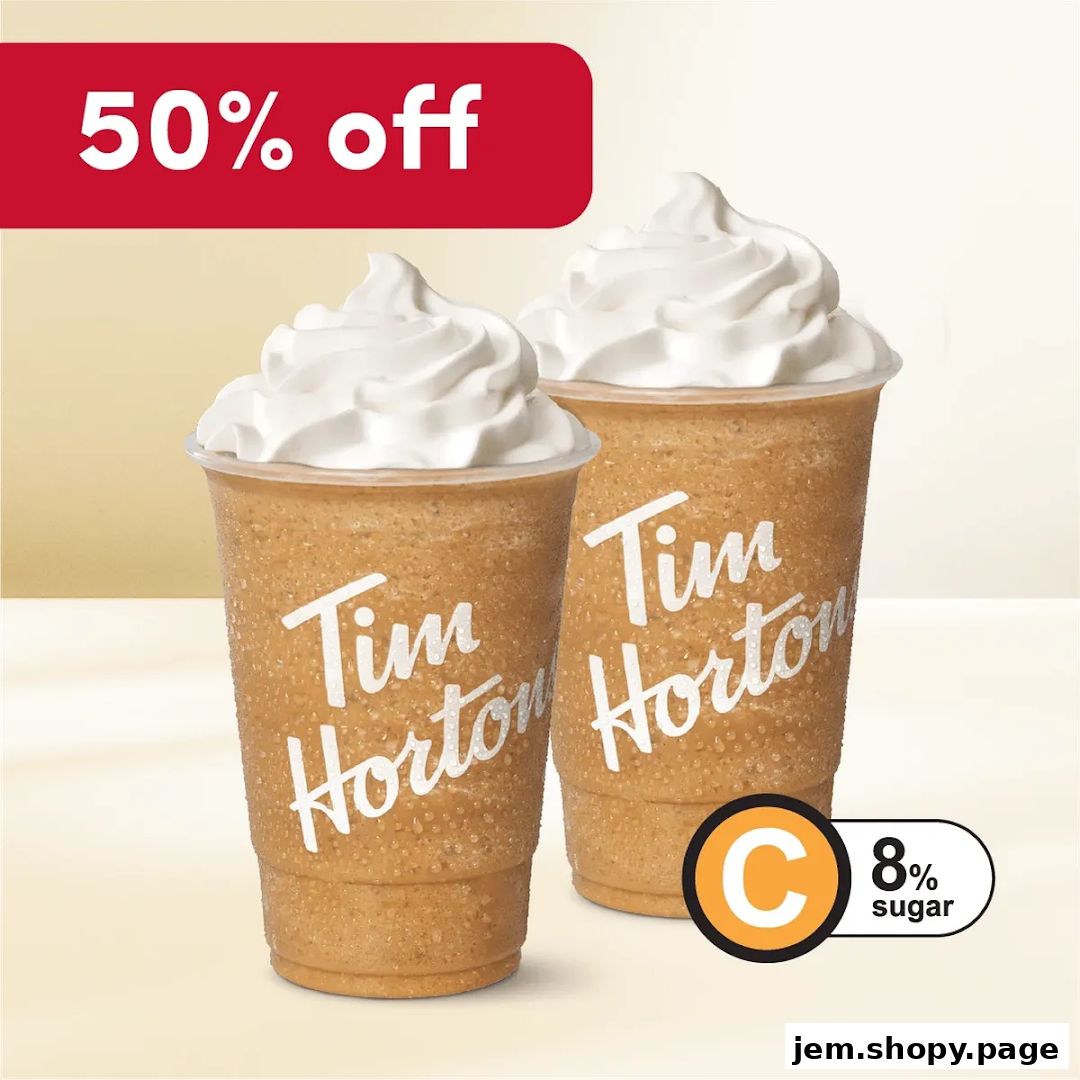 Two iced beverages with whipped cream from Tim Hortons, advertised with a 50% off offer.
