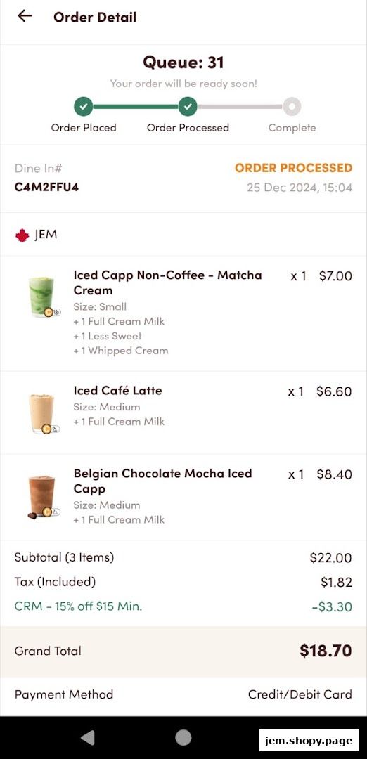 Order detail screen showing a queue number and purchased items with prices.