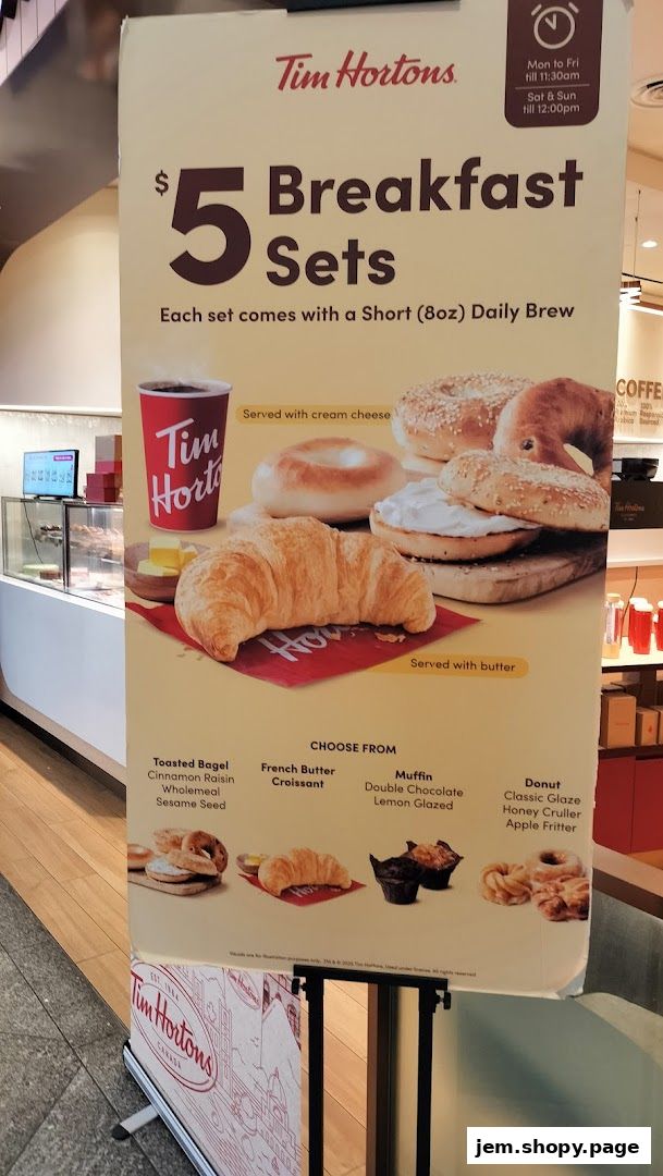 A Tim Hortons sign advertising $5 breakfast sets with a coffee and a choice of baked goods.