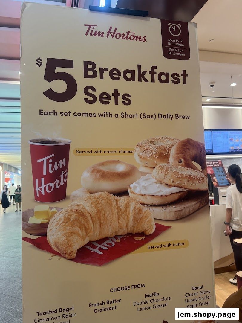 Tim Hortons $5 Breakfast Sets promotion featuring coffee, croissants, bagels, and donuts.
