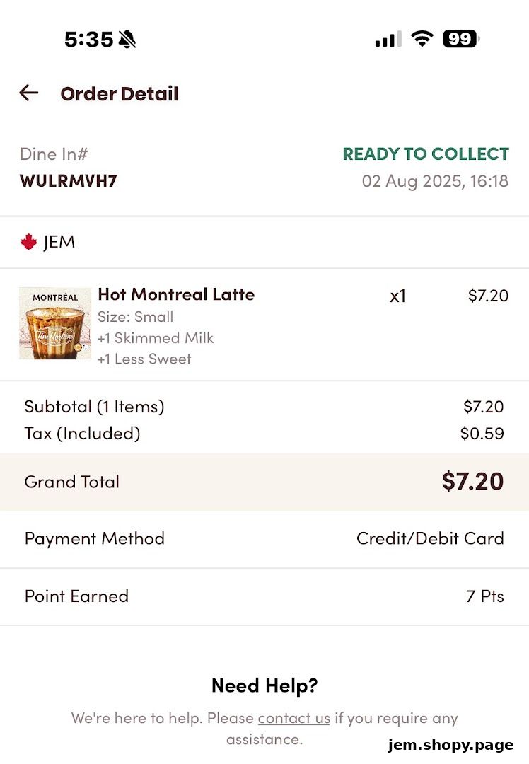 Order detail screen showing a Hot Montreal Latte and payment information.