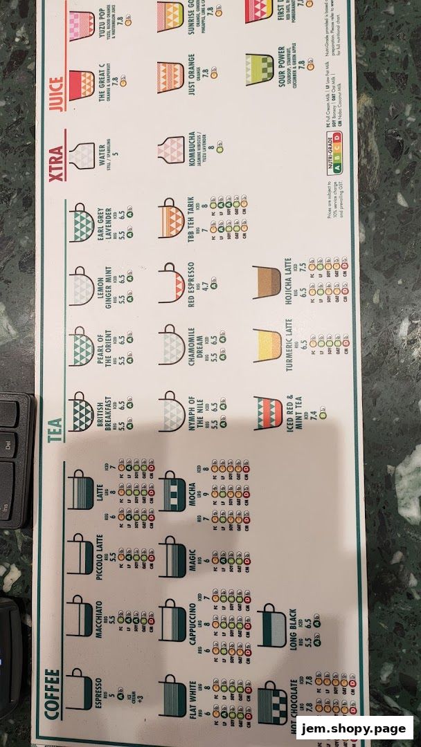 A menu displaying various beverages with prices and nutritional grades.