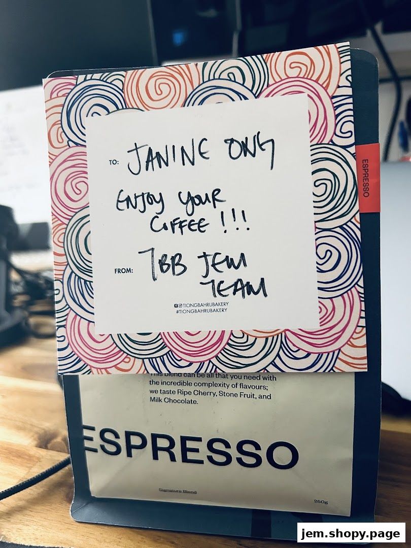 A bag of Tiong Bahru Bakery Espresso coffee blend with a handwritten note.