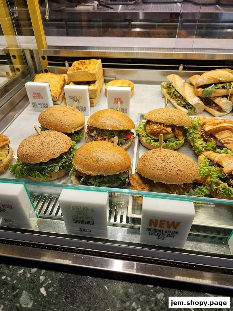 A display case filled with various sandwiches, burgers, quiches, and croissants.