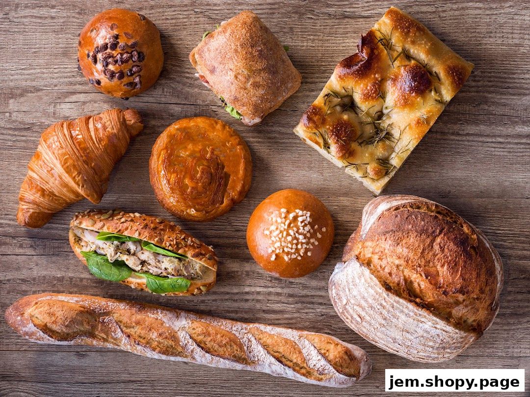 A variety of freshly baked goods including bread, croissants, sandwiches, and pastries on a wooden surface.
