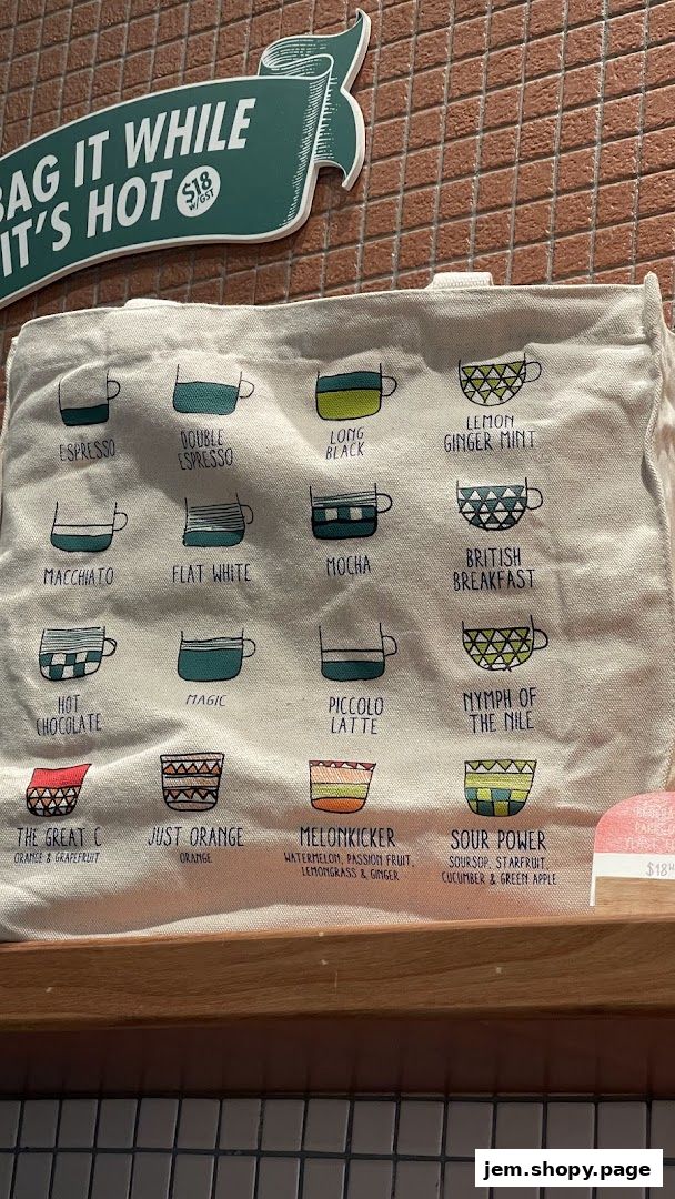 A canvas tote bag with illustrations of various coffee and drink cups and their names.