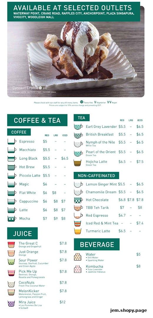 A menu from Tiong Bahru Bakery featuring coffee, tea, juice, and beverages, with a dessert croffle pictured.