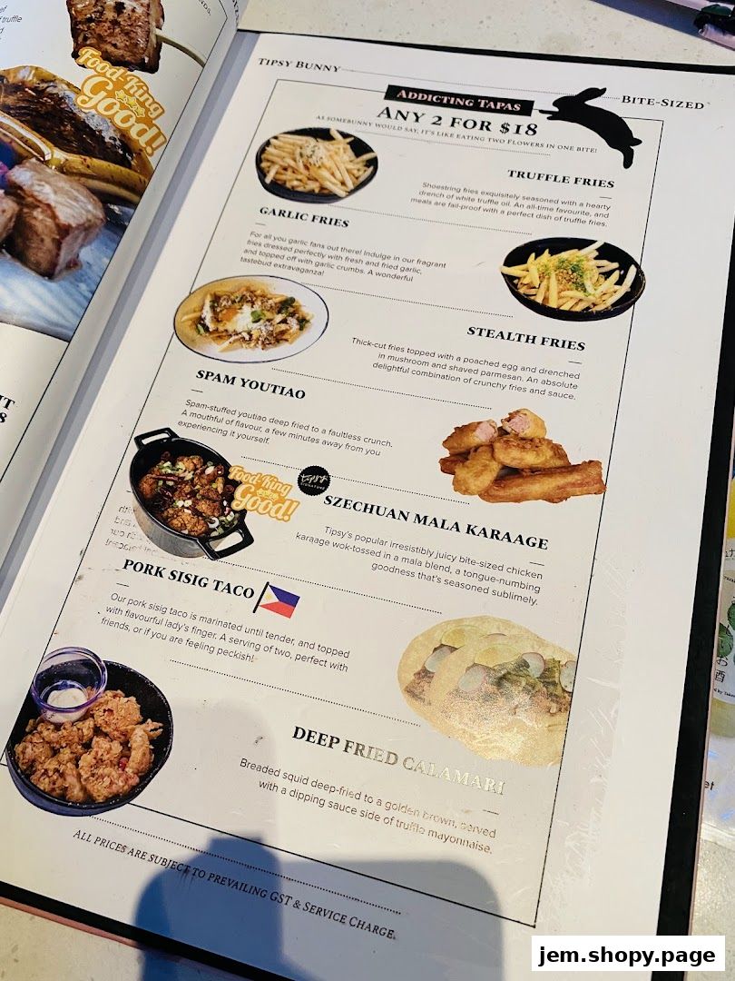 A menu from Tipsy Bunny featuring various tapas and fried dishes.