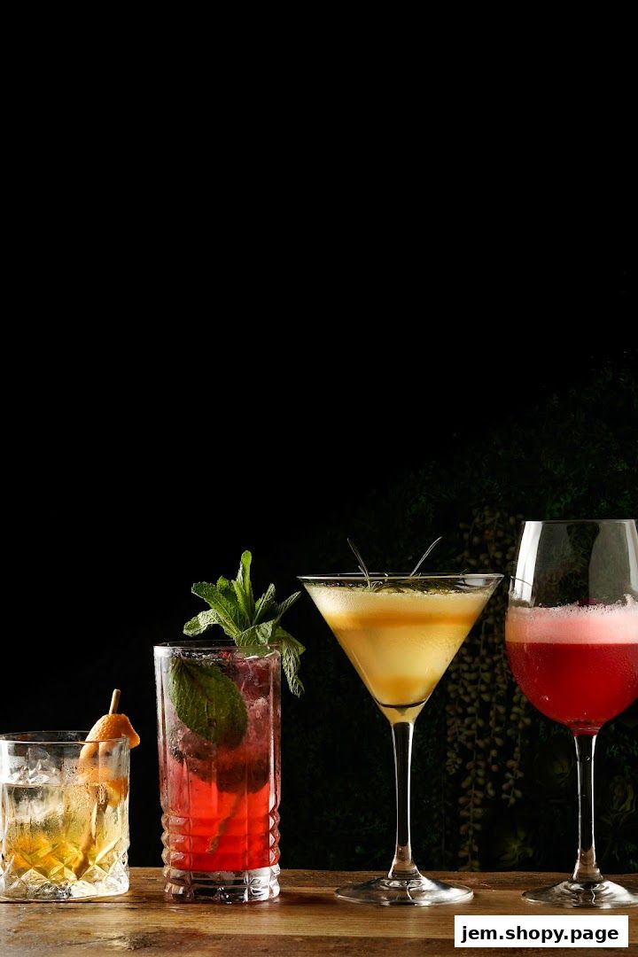Four artfully crafted cocktails are displayed on a wooden surface against a dark background.