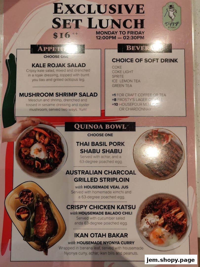 A menu for an exclusive set lunch at Tipsy Bunny, featuring appetizers, beverages, and quinoa bowls.