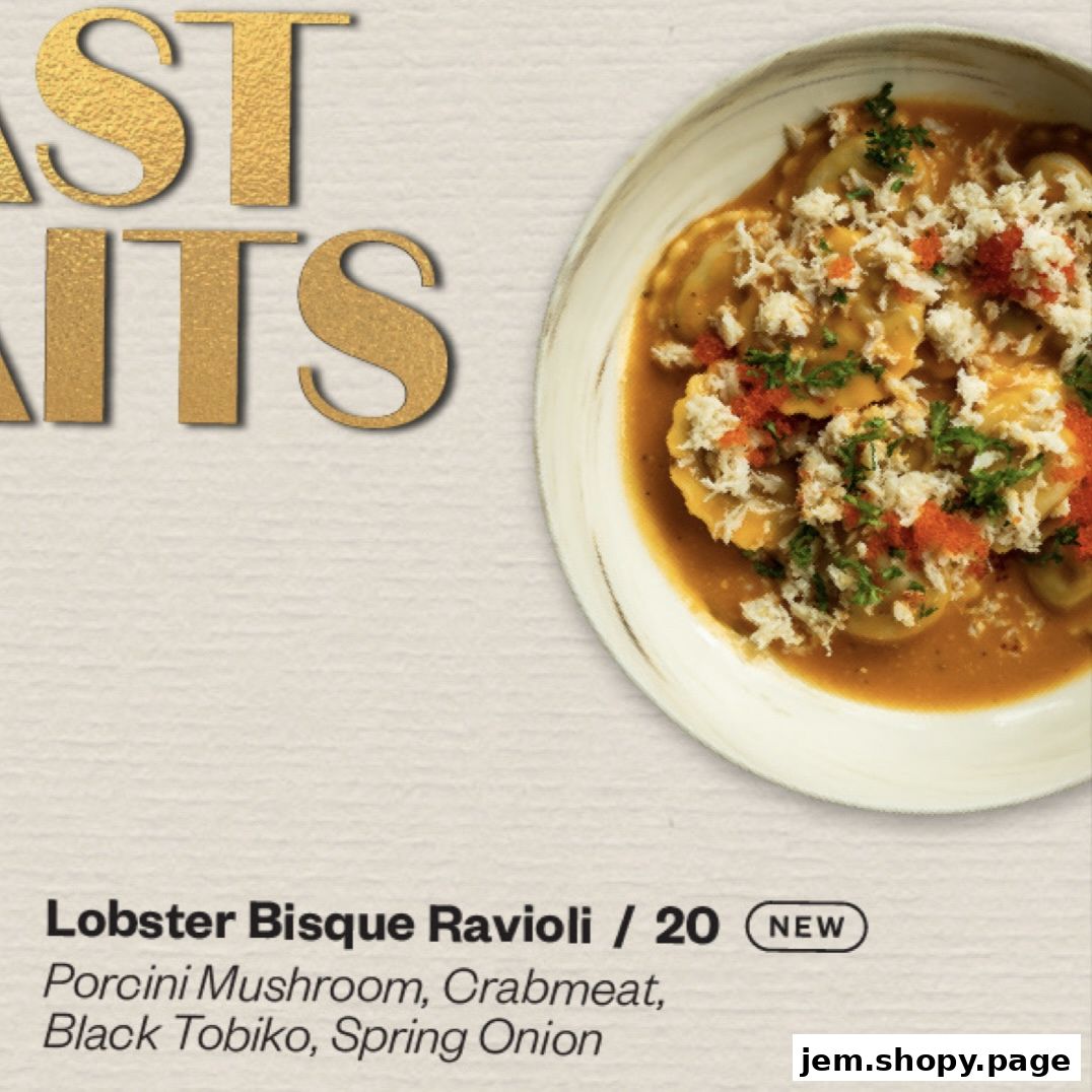 Lobster Bisque Ravioli with Porcini Mushroom, Crabmeat, Black Tobiko, and Spring Onion.