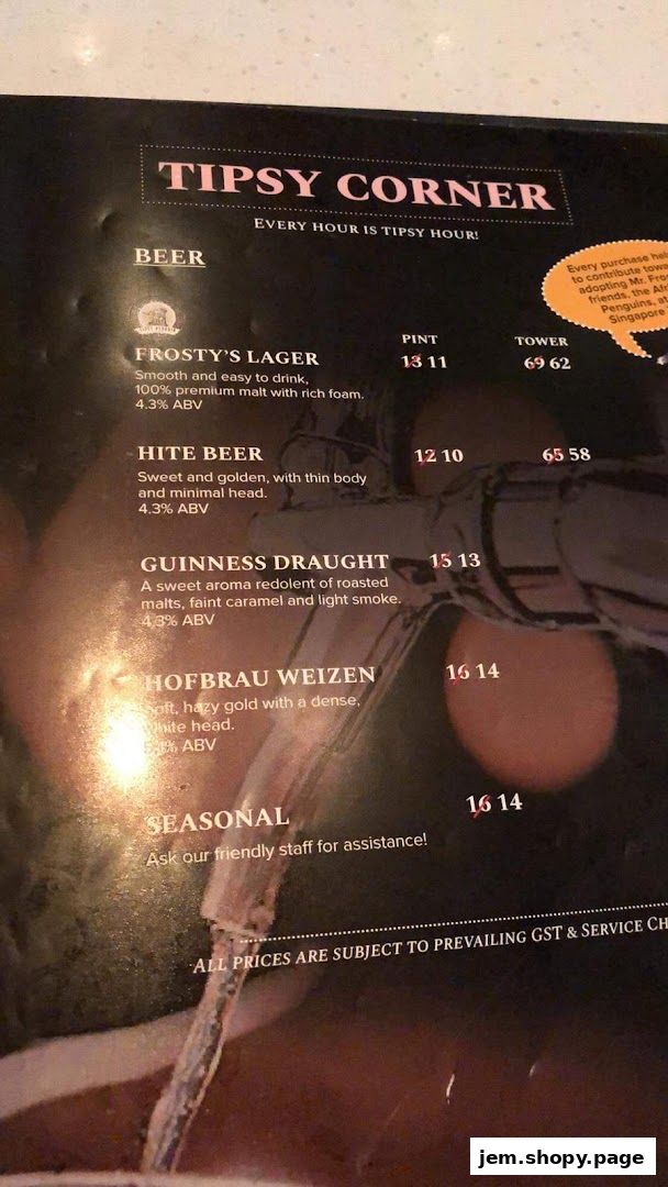 A menu from Tipsy Corner featuring various beers with descriptions and prices.