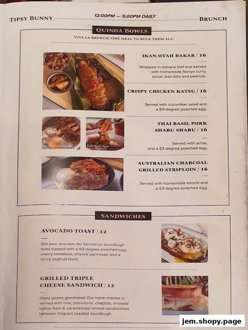 A menu from Tipsy Bunny featuring quinoa bowls and sandwiches with prices.