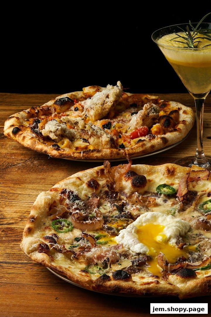 Two gourmet pizzas and a cocktail on a wooden table.