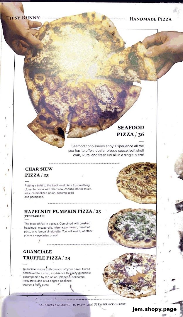 A menu from Tipsy Bunny featuring handmade pizzas with unique toppings and descriptions.