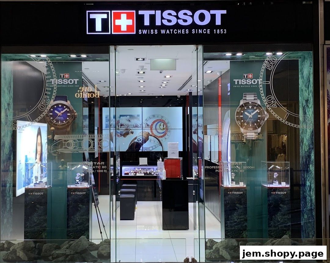 The Tissot watch store features a modern storefront with displays of watches and brand imagery.