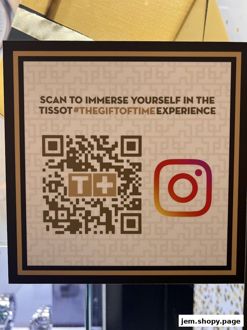 A sign with a QR code and Instagram logo for Tissot's #TheGiftOfTime experience.