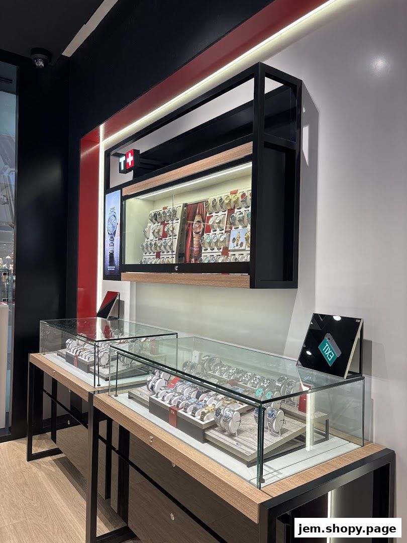 Interior view of a Tissot watch store with display cases filled with watches.