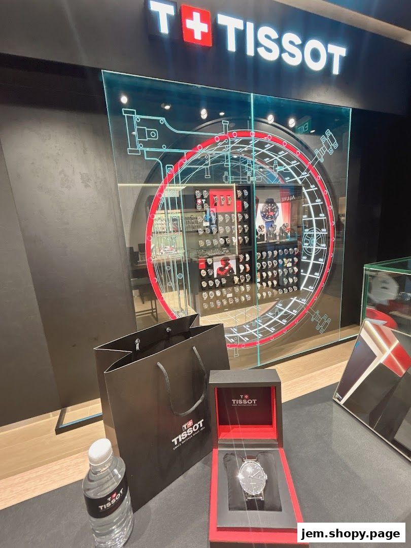 A Tissot watch displayed in its box with a shopping bag and water bottle.