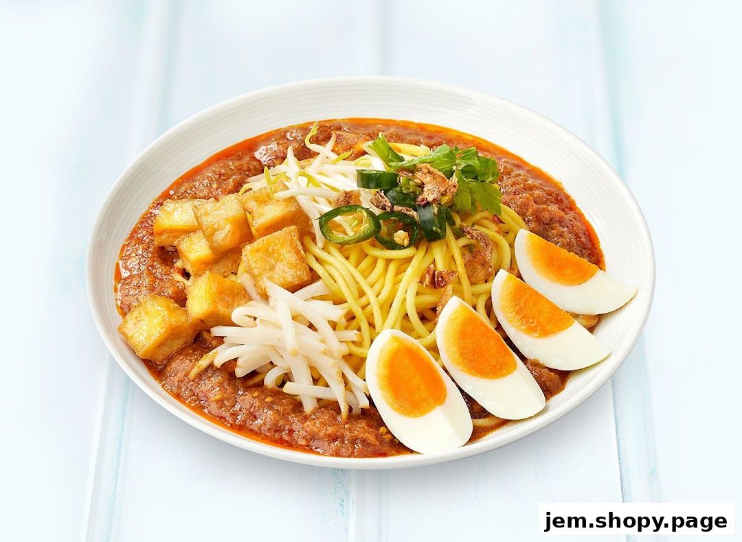 A close-up shot of a delicious bowl of Laksa with noodles, tofu, bean sprouts, and boiled eggs.