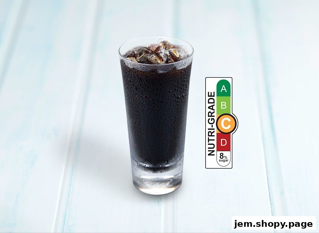 A tall glass of iced coffee with a Nutri-Grade C label indicating 8% sugar.