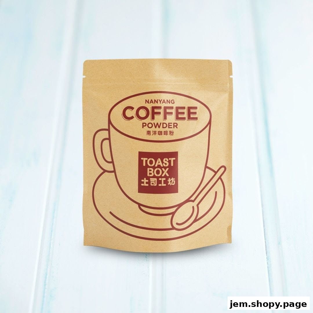 A pouch of Nanyang Coffee Powder from Toast Box with a stylized coffee cup illustration.