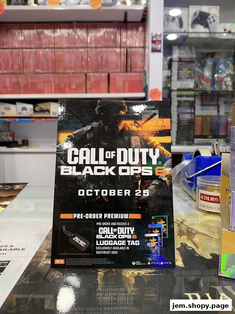 A promotional poster for Call of Duty: Black Ops 6 is displayed in a video game store.