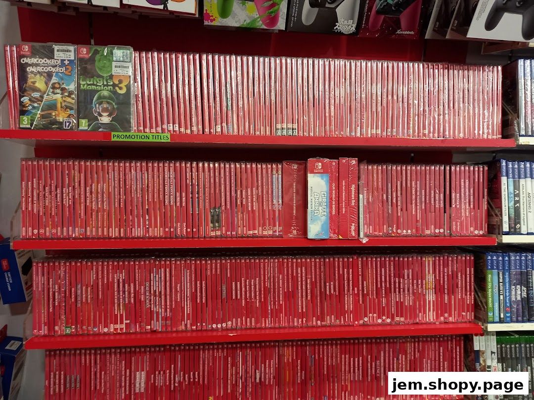 Shelves filled with video games, featuring titles like Overcooked and Luigi's Mansion.